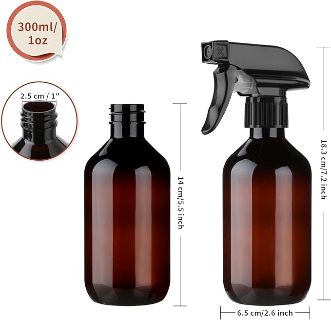 Arkeiliy 2-Pack Leakproof Spray Bottles (300ml/10oz) - Adjustable Nozzle for Fine Mist & Jet Stream | Premium Refillable Plastic Bottles for Hair Styling, Plant Misting, Cleaning Solutions (Brown)