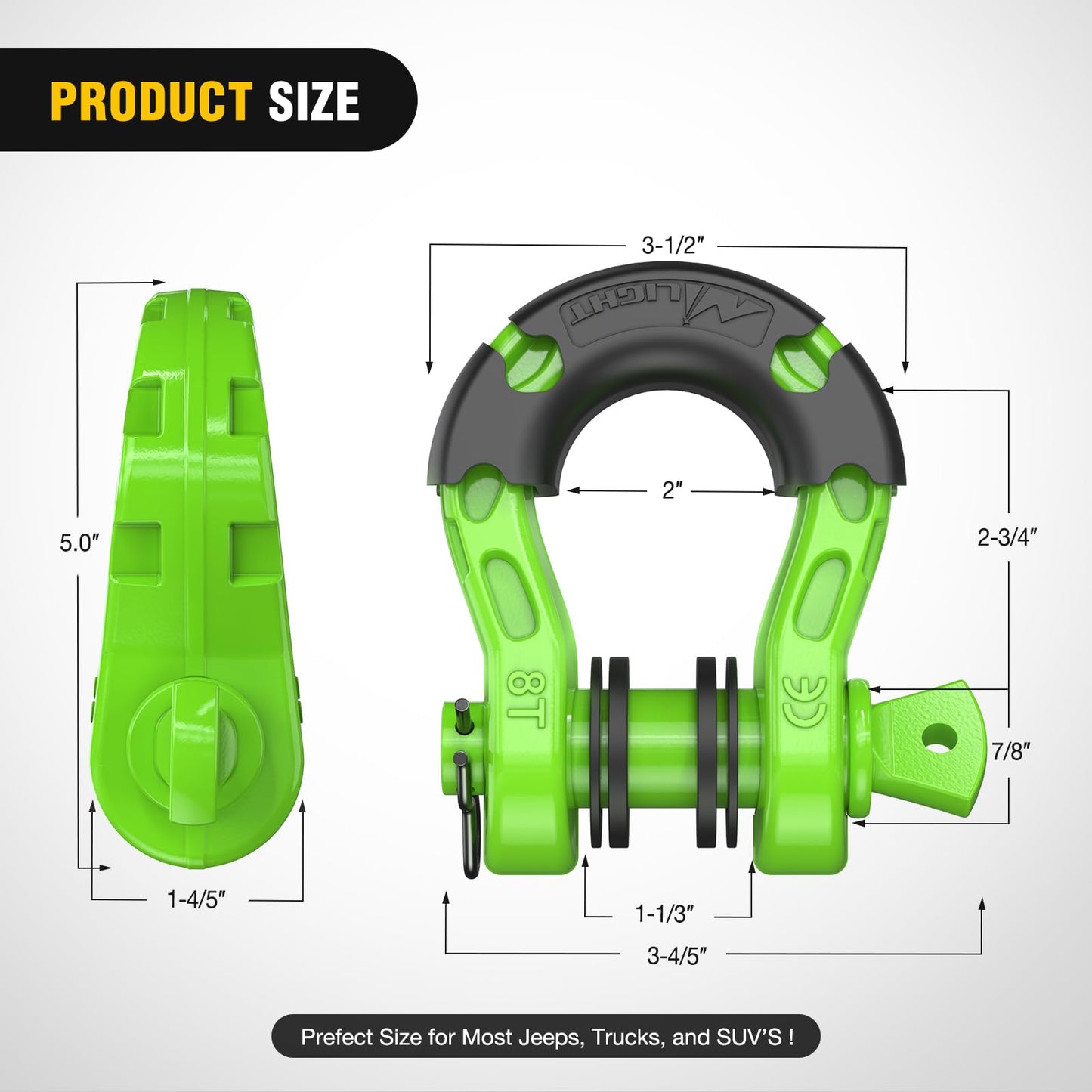 Nilight Heavy Duty Mega D-Ring Shackles(2 Pack) 68,000 lb Break Strength(17,000 lb WLL) w/ 7/8″ Screw Pin & Washers, Forged Steel Off-Road Recovery Shackles for Tow Strap & Winch Gear, Green