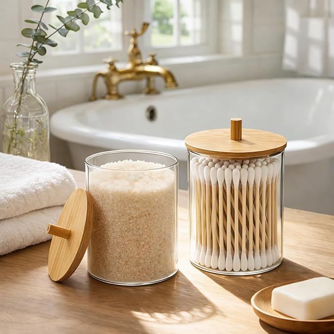 Glass Qtip Holder Dispenser Set - 10oz Cotton Swab Holder with Bamboo Lids, Bathroom Canisters Apothecary Jar Vanity Storage Organizer for Cotton Balls Pads, Floss Picks (2 Pack)