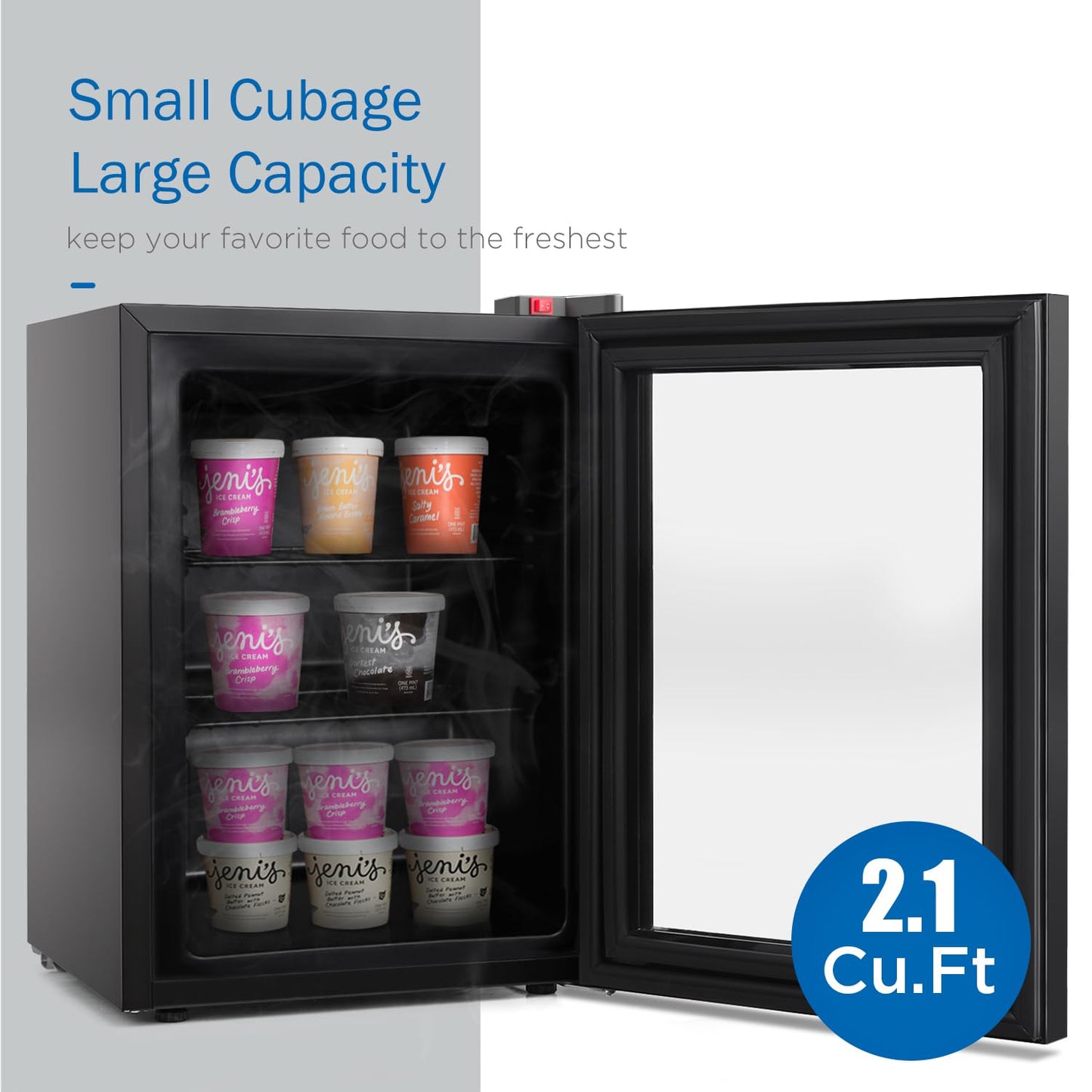 ADT Mini Freezer with Display Glass Door 2.1 Cu Ft Small with 2 Removable Shelves 7 Temperature Settings -8°F to 14°F Perfect for Liquor and Ice Cream