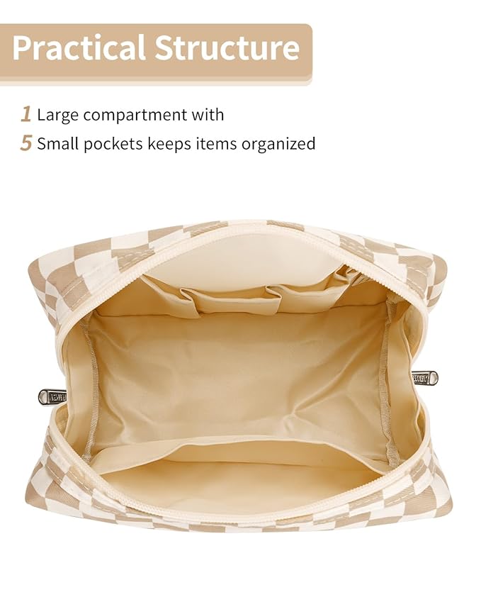 Narwey Checkered Makeup Bag Travel Cosmetic Bag Organizer Toiletry Bag Make Up Bags with Compartments for Women Girls (Large, Khaki Checkerboard)