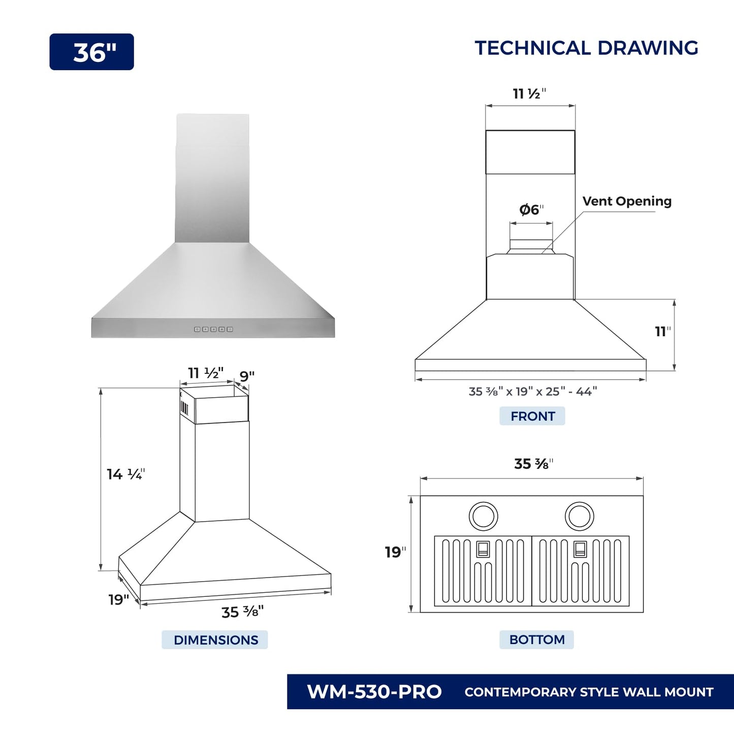 Hauslane Wall Mount Range Hood 36 Inch, Pro Model, Stainless Steel Range Hood, Strong Suction, Changeable LED Lamps, 6” Duct or Ductless, Kitchen Hood Vent, Stove Hood Vent