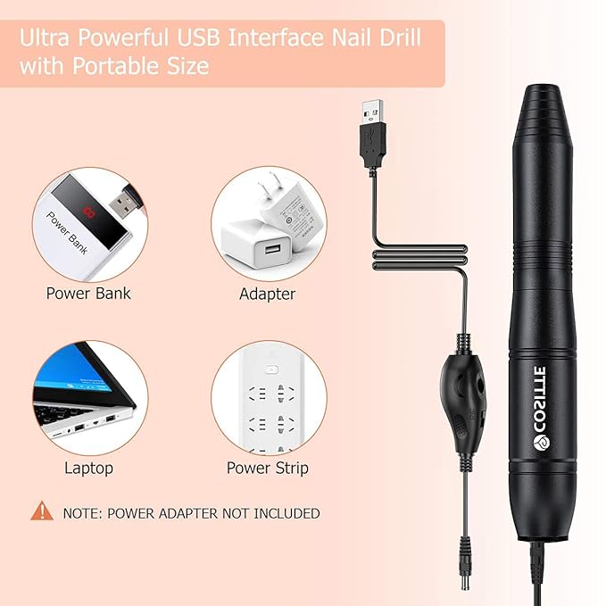 Electric Nail Drill, USB Electric Nail Drill Machine for Acrylic Nails, Portable Electrical Nail File Polishing Tool Manicure Pedicure Efile Nail Supplies for Home and Salon Use Black