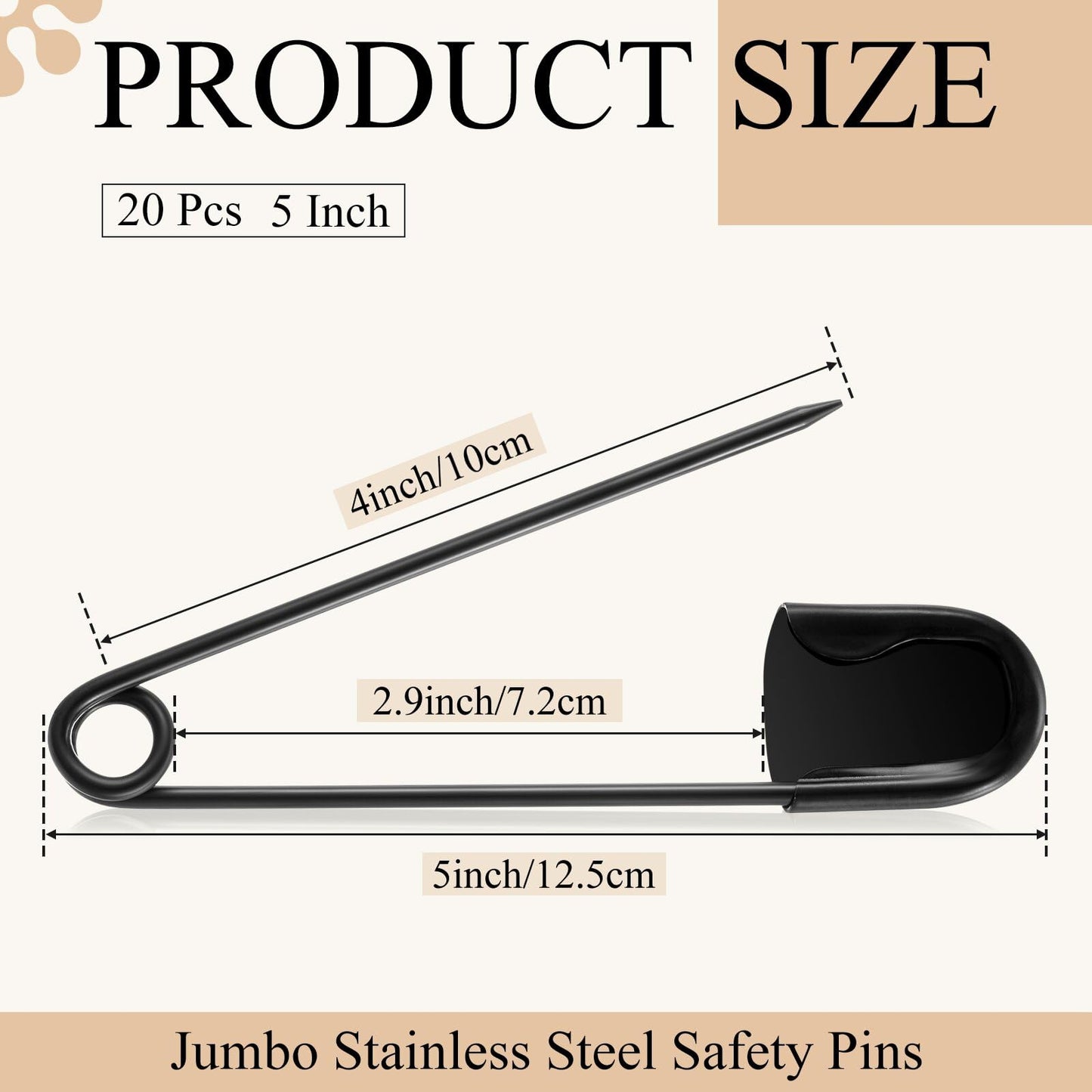 Juexica 20 Pcs Large Safety Pins 5 Inch Jumbo Stainless Steel Safety Pins Heavy Duty Huge for Strong Laundry Upholstery Sewing Quilting Key Rings Craft Outdoor (Black)