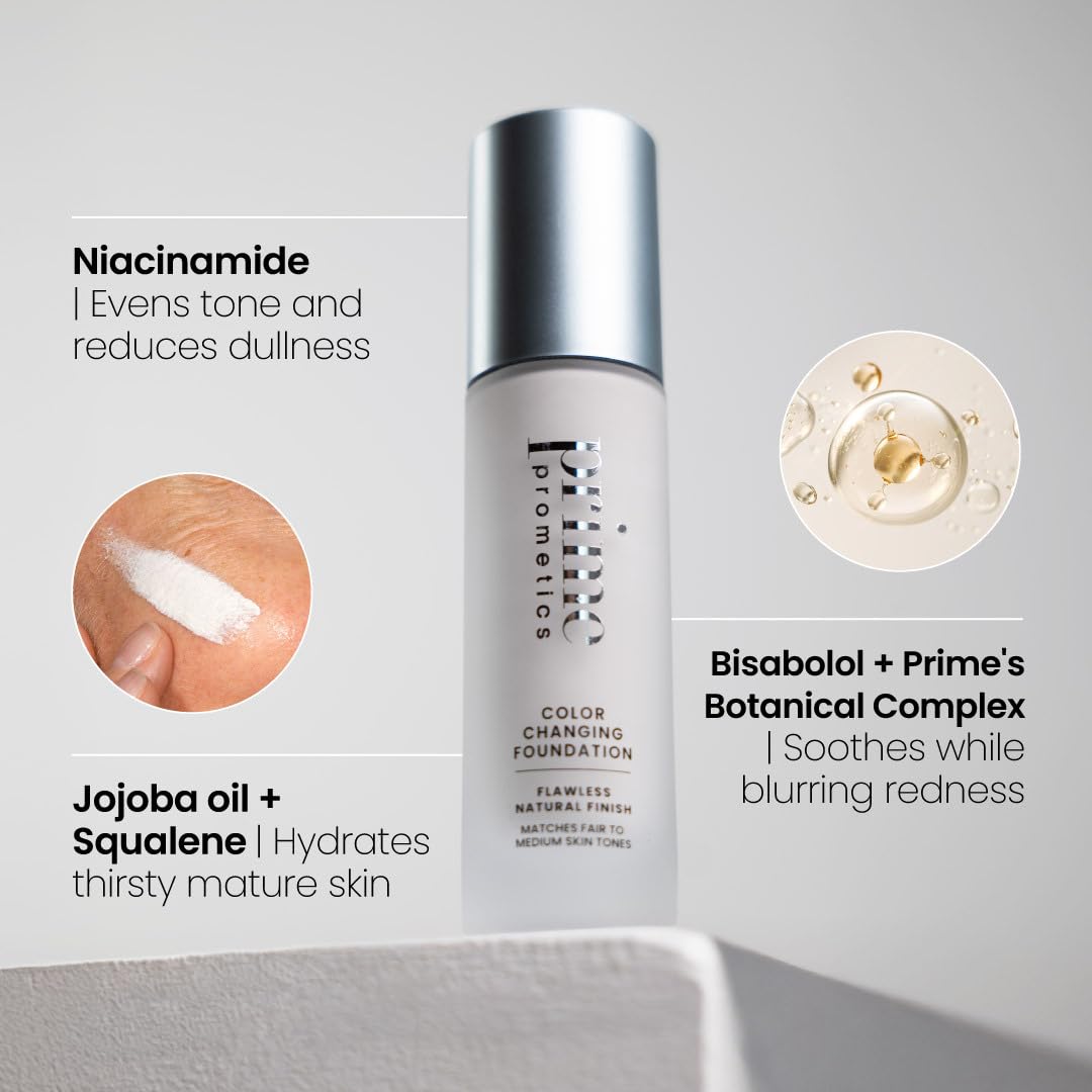 Prime Prometics Color Changing Foundation for Mature Women – Instantly Adapts to Your Skin Tone – Buildable Light-to-Medium Coverage – 12-Hour Wear – Natural Dewy Finish – Hypoallergenic