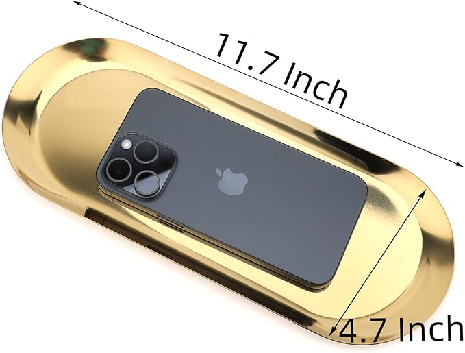 Fermus Stainless Steel Decorative Tray, Set of 2, 12 Inch Long, Jewelry Dish Cosmetics Organizer Bathroom Clutter Serving Platter Small Storage Tray, Oval, Gold