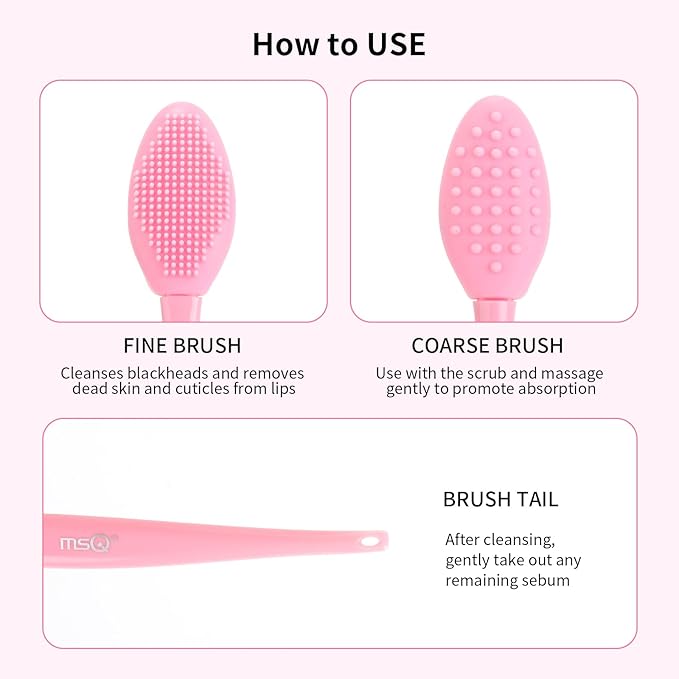 MSQ 3PCS Lip Scrub Brush, Double-end Silicone Nose Clean Brush Lip Exfoliating Brush for Man Women Double-Sided Soft Lip Brush for Smoth Lip Appearance,Pink
