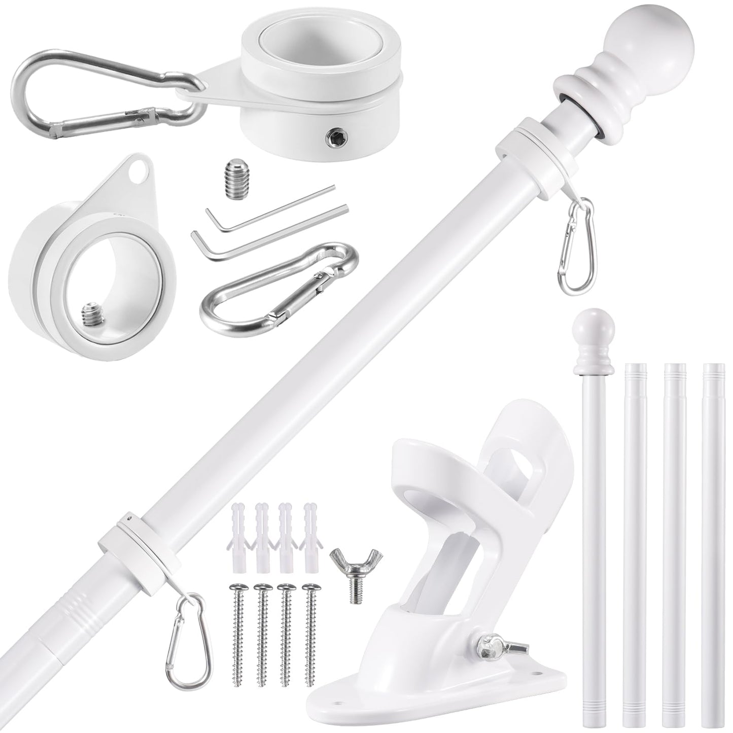 BONWIN White Flag Pole Kit for House, 5FT Thickened Stainless Steel Outside Wall Mount Flagpole for 3x5' Flag, 1" Tangle Free Rotating Flag Pole Rings & 2-Position Bracket Holder for Porch Residential