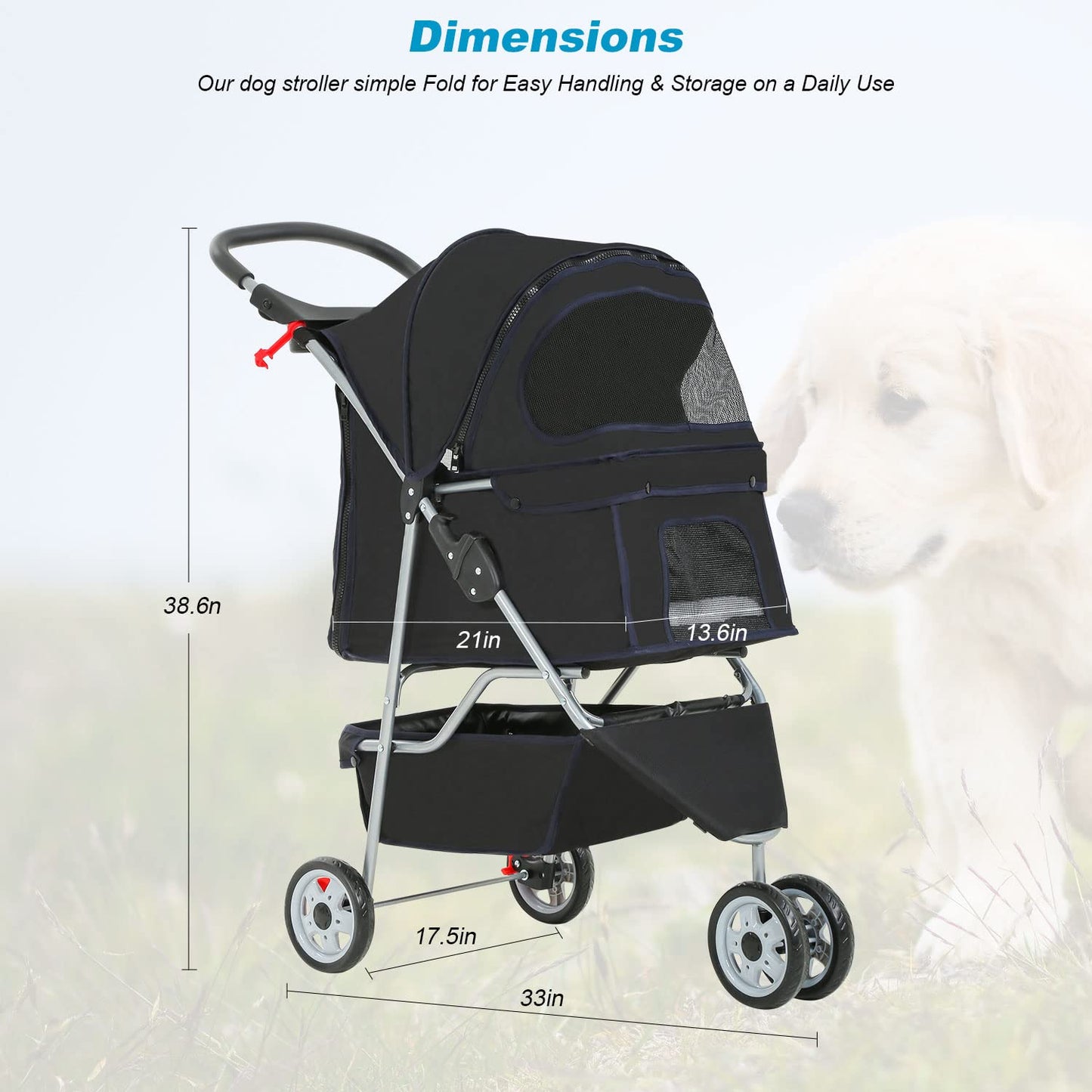 BestPet 3 Wheels Pet Dog Stroller Cat Cage Jogger Stroller Cats Travel Folding Carrier Waterproof with Cup Holder & Removable Liner,Black