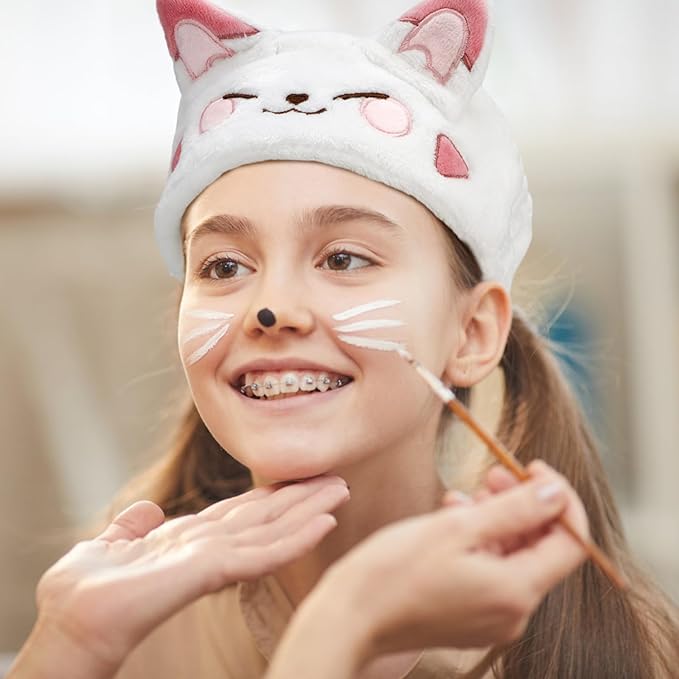 Canitor Face Wash Headband With Wrist Bands - Soft Coral Fleece Spa Makeup Headband With Cute Animal Cat Ears - Elastic Skincare Wrist Towels