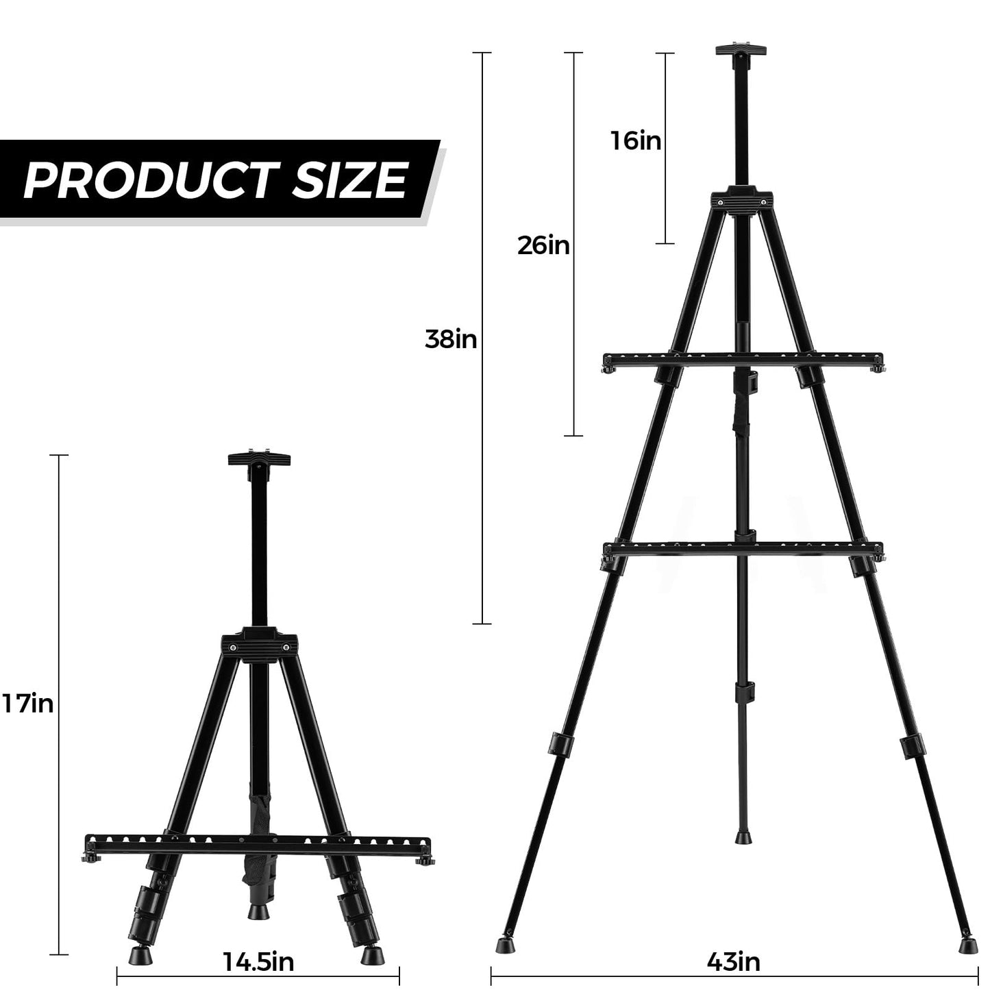 Art Easel for Painting and Display – 6pcs Adjustable Floor 66 Inch Folding Aluminum Easel Stand for Sign - Table Top Canvas Stand - Portable Drawing Paint Heavy Duty for Artist Adults Holder or Teen