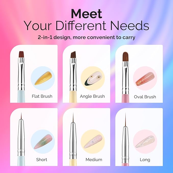 MelodySusie 2-in-1 Nail Art Brushes Set,3pcs Nail Art Design Pen Painting Tools with Flat Brush Oval Brush French Brush Liner Brushes for Home DIY Salon Use