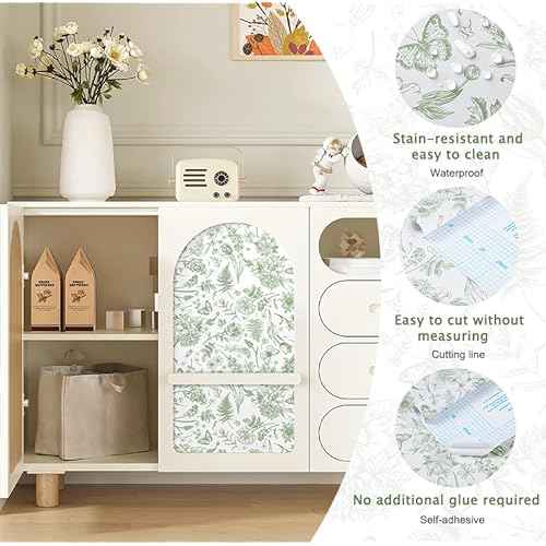 Peel and Stick Wallpaper Floral White Green Flower Contact Paper Butterfly Boho 78.7" x 17.3" Removable Wallpaper Self-Adhesive for Bedroom Waterproof Shelf Liner Decal Vinyl Roll