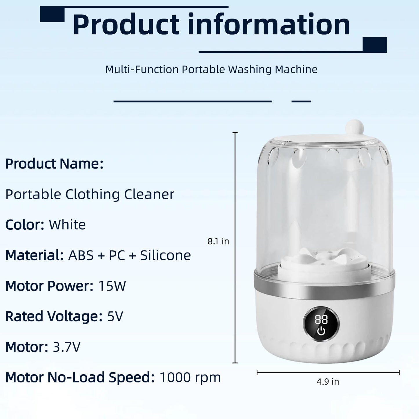 Ftruixang Portable Mini Washing Machine, White, 2L Capacity, Digital Touch Control, Compact Design for Underwear and Delicates, USB Rechargeable