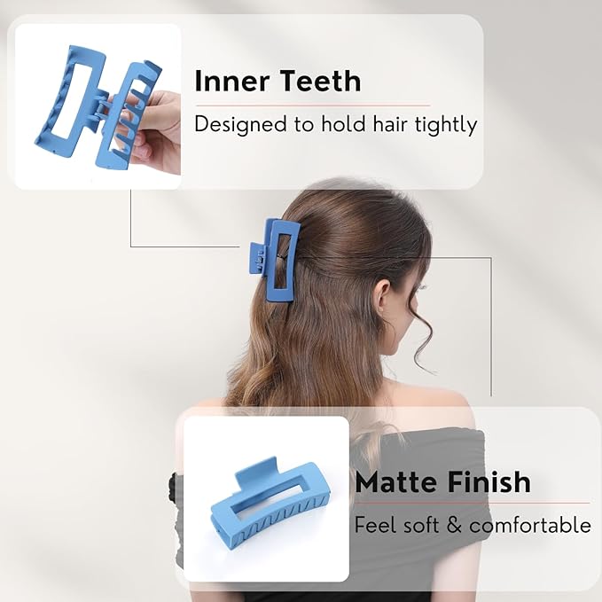 12 Pcs Blue Large Square Hair Claw Clips for Women, 4.3-Inch Matte Rectangle Claw, Strong Hold Non-slip Hair Clips for Thick & Thin Hair