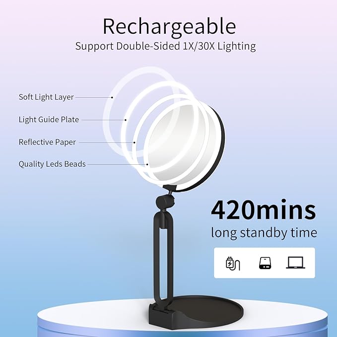 Magnifying Mirror with Light 10X/1X, Double Sided Travel Makeup Mirror with Lights and Magnification, Rechargeable 3 Colors Dimming Lighting, Large Size of 6inch, Foldable Design, 360°Angle Adjustable