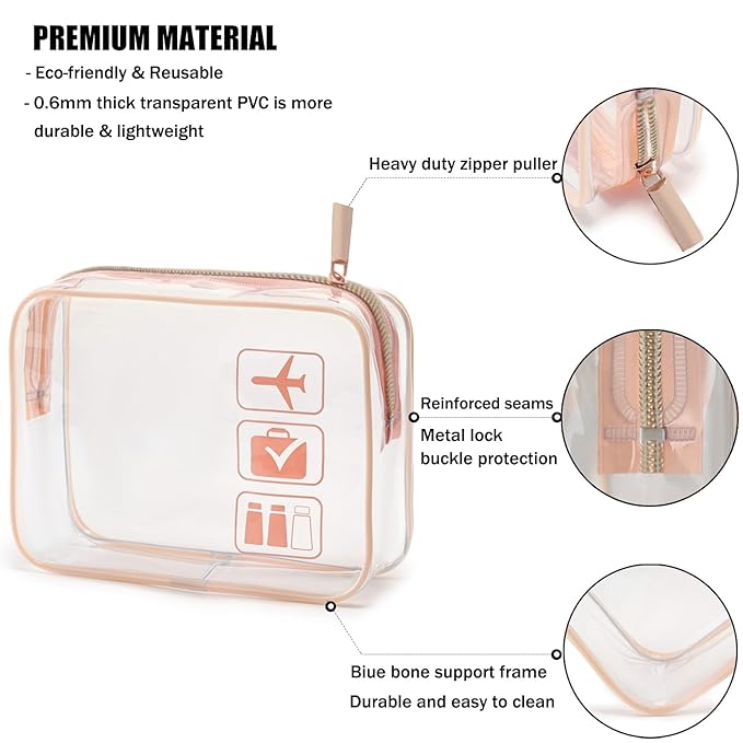 MODENGKONGJIAN TSA Approved Toiletry Bag, 3 Pcs Clear Toiletries Bags Quart Size Travel Makeup Cosmetic Bag for Women Men, Carry on Airport Airline Compliant Bag (Rose Gold)