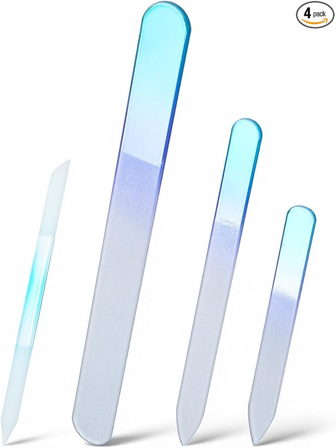 4 Pcs Glass Nail File and Cuticle Pusher Set, Gradient Blue Double Sided Crystal Nail Buffers for Natural Nails and Acrylic Nails Manicure Pedicure Tools
