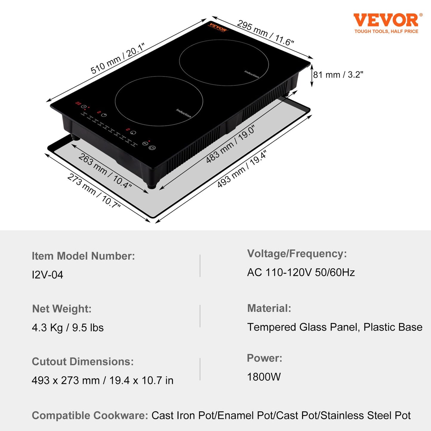 VEVOR Electric Cooktop, 2 Burners, 12'' Induction Stove Top, Built-in Magnetic Cooktop 1800W, 9 Heating Level Multifunctional Burner, LED Touch Screen w/Child Lock & Over-Temperature Protection