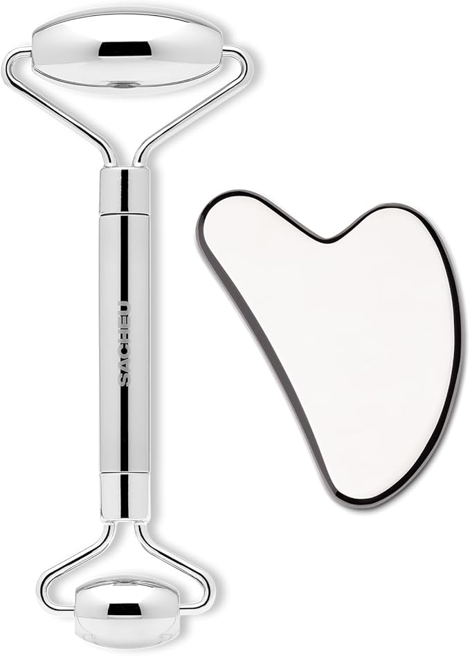 Sacheu Gua Sha Facial Tools Stainless Steel Muscle Scraper Bundle — Metal Face Roller & Gua Sha for Enhanced Lymphatic Drainage, Metal Face Sculpting Tool with Travel Pouch