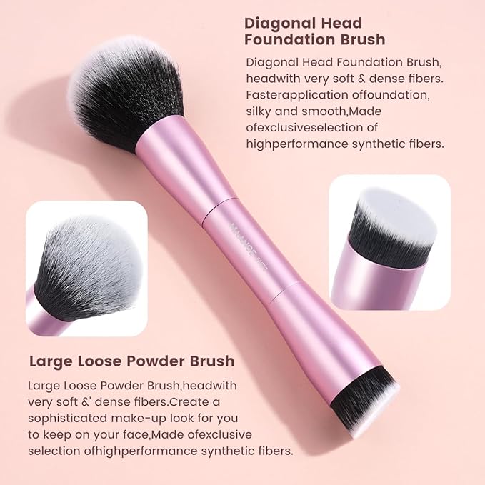 MAANGE 20 PCS Foundation Makeup Brush Set, Double-ended Kabuki Contour Brush for Liquid Powder Concealer Blending Blush Buffing Makeup Tools (Pink)
