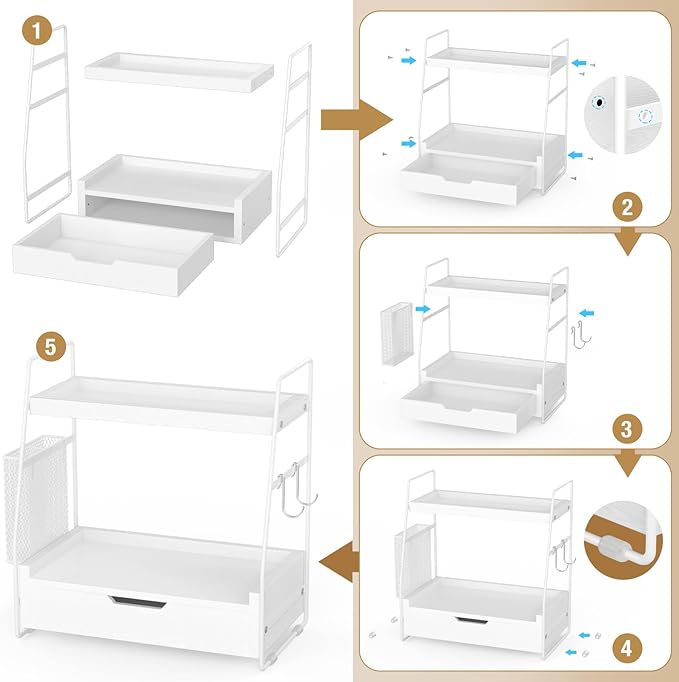 2 Tier Bathroom Counter Organizer Wood - Tiered Bathroom Countertop Shelf with Drawer, Removable Basket & 2 Hooks, Makeup Vanity Organizer for Skincare Perfume Toiletries, 13'' White