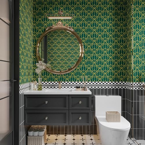 CHIHUT Teal and Gold Lines Wallpaper Peel and Stick Semicircles Triangles Geometric Shapes Wallpaper for Bedroom Living Room Wall Decor Self Adhesive Art Deco Contact Paper for Cabinets 17.7¡±x100¡±