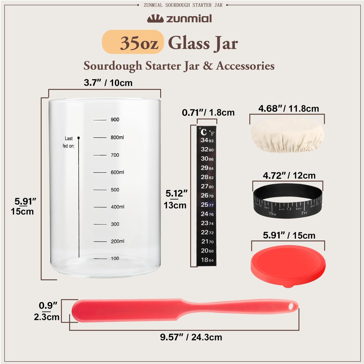 zunmial Sourdough Starter Jar, 35OZ Glass Sourdough Jars Wide Mouth With Red Silicone Cap, Sourdough Starter Kit with Date Marked Feeding Band, Thermometer, Cloth Cover