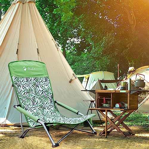 VILLEY Low Beach Chairs for Adults 2 Pack, High Back Folding Chairs, Lightweight and Portable for Outdoor, Camping, Lawn, with Cup Holder and Carry Bag - Green Tropical Leaves