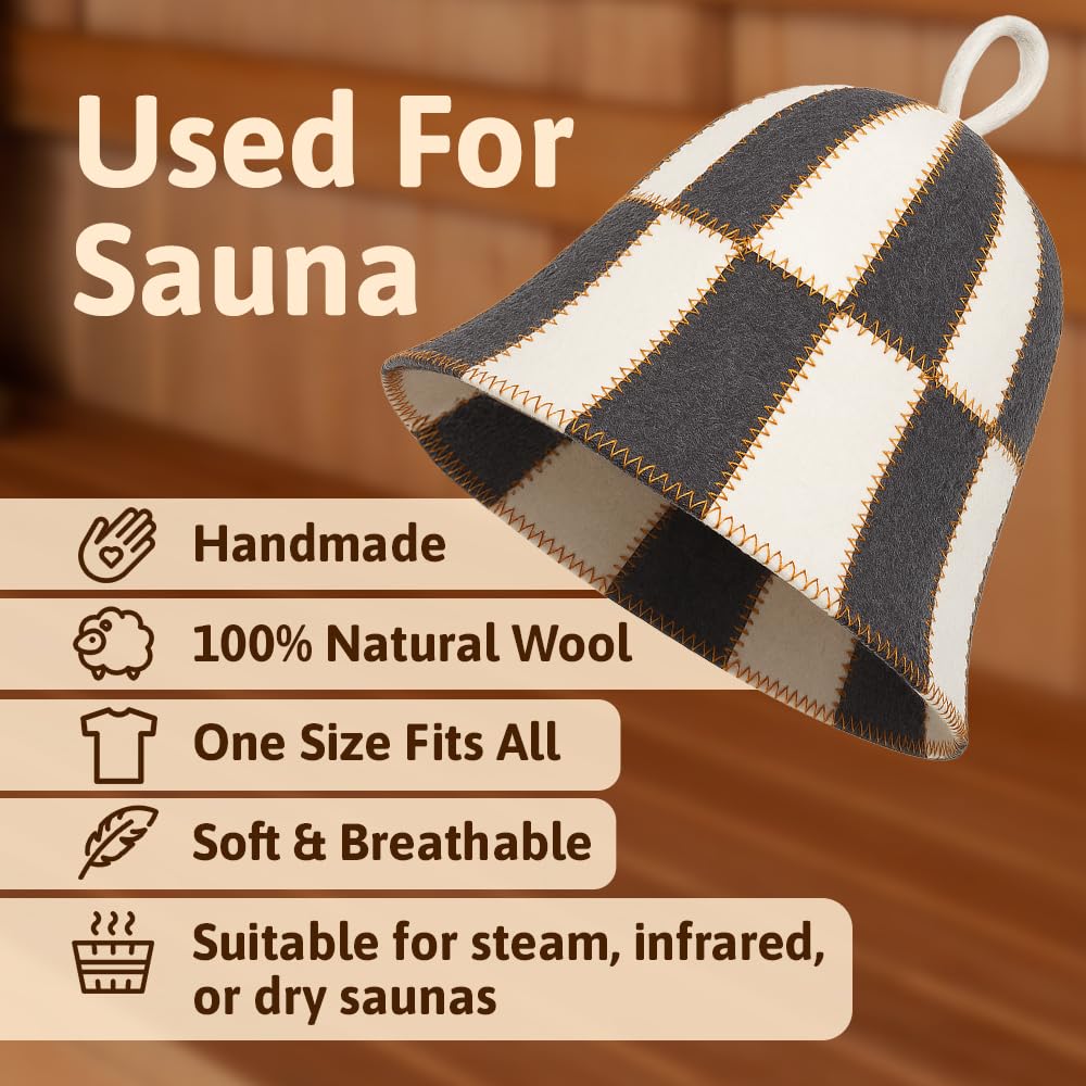 ASKOLD Wool Sauna Hat Checkered - Wool Banya Hat Sauna Cap for Men - Sauna Cap for Women to Protect Hair Grey and White