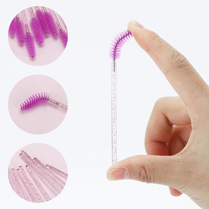 Tbestmax 100 Pcs Disposable Mascara Wands, Crystal Eyebrow Spoolies Brush for Eyelash Extensions, Lash Brushes with Container - Purple