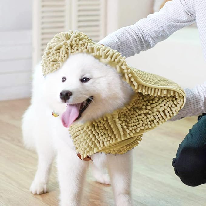 Muddy Mat® Doggy Dryer, Highly Absorbent Microfiber Washable Dog Shammy, Quick Drying Towel Absorber, Extra Soft Plush Wrap Chenille Bath Towels to Dry Soggy Large Pets & Small Puppy - Beige