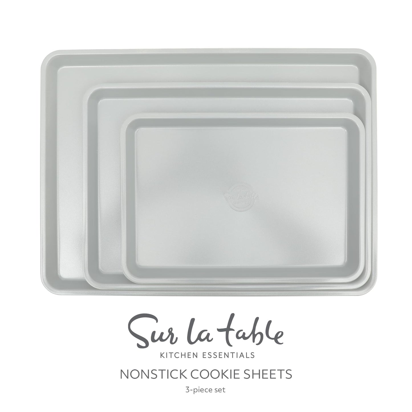 Sur La Table Kitchen Essentials Bake Sale 3-Piece Cookie Sheet Set – Nonstick Carbon Steel Baking Pans (13, 15, 18 Inch) – Grey Easy-Clean Oven Trays for Cookies, Roasting & More