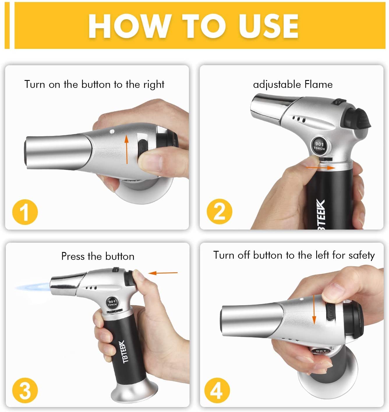 TBTeeK Butane Torch, Kitchen Torch Cooking Torch with Safety Lock & Adjustable Flame for Cooking, BBQ, Baking, Brulee, Creme, DIY Soldering, 2Pack (Butane Not Included)