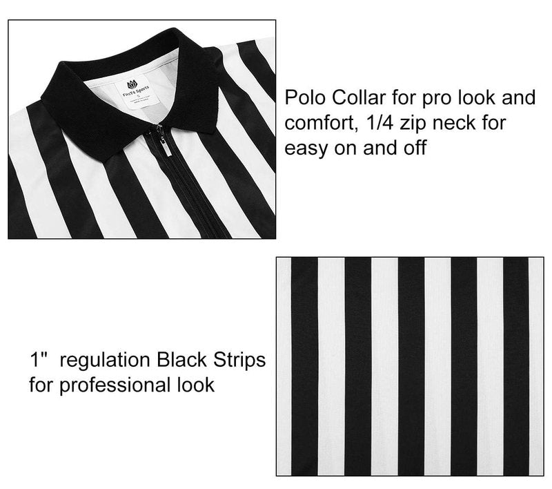 FitsT4 Sports Men's Official Black & White Stripe Referee Shirt Zipper Collared Long Sleeve Umpire Jersey Costume Pro Ref Uniform for Soccer Basketball Football Cosplay