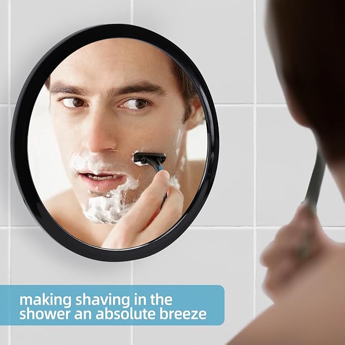 Fogless Shower Mirror for Shaving and Makeup with 3 Removable Powerful Suction Cups, Shatterproof Anti Fog Mirror for Shower and Bathroom, Glassless Safety Kids Mirror (Black)