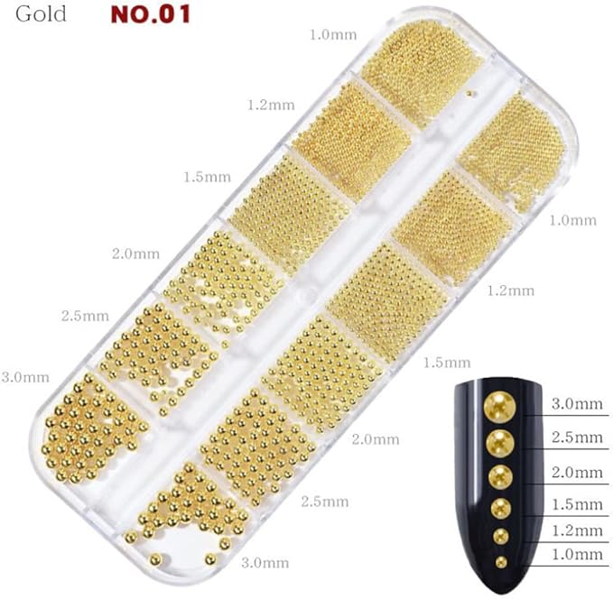 0.8mm Mini Small Nail Beads Stainless Steel Beads Nail Chain Charms Nails Art Decorations Gun Grey Nail Studs Gold Caviar Nail Charms DIY Tool Nail Studs Accessories Cold Nail Gems (Gold)
