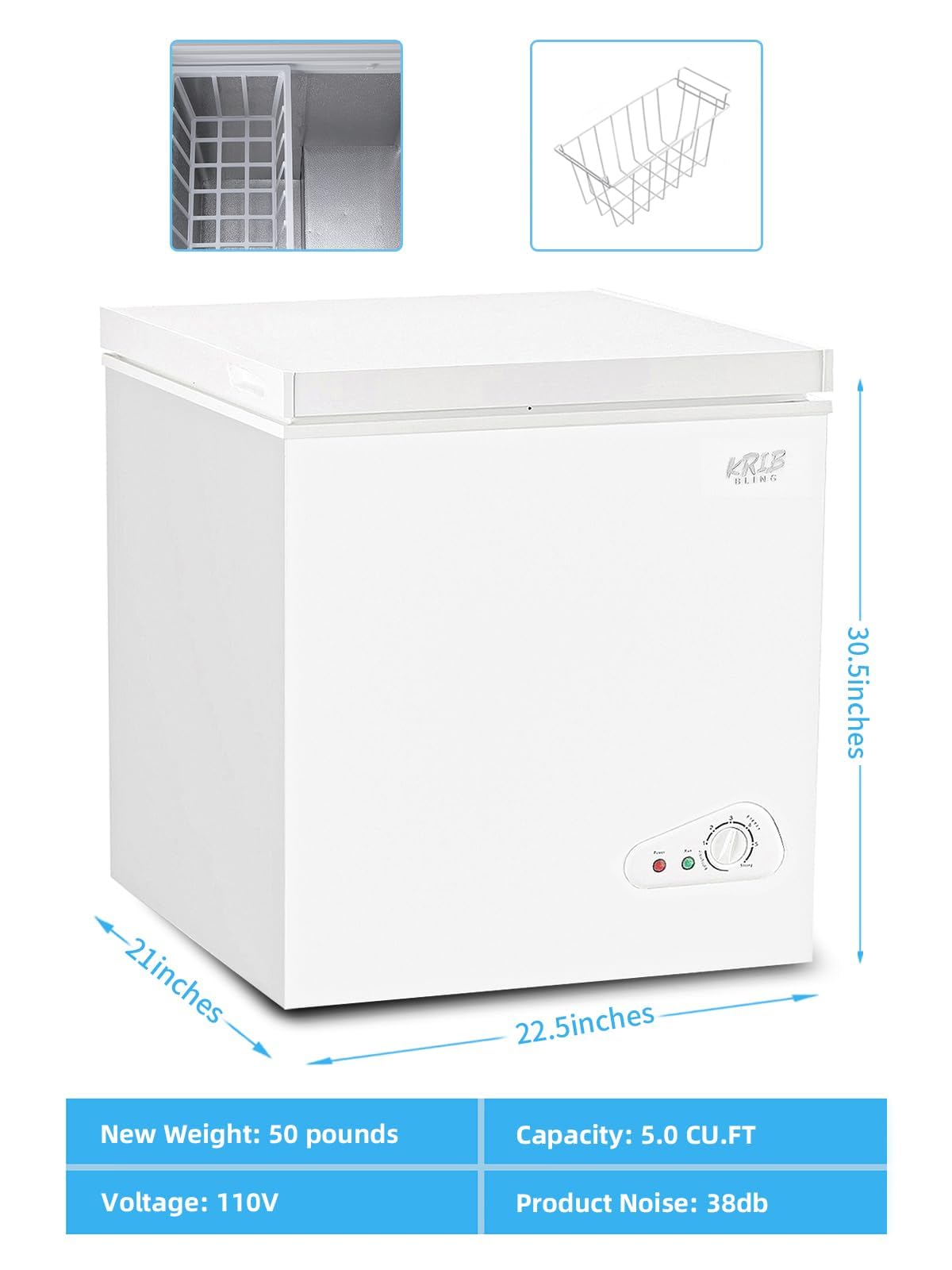 Chest Freezer 5.0 cu.ft Mini Adjustable 7 Thermostat Compact Deep Freezer Top Door Low Noise with Removable Basket Black