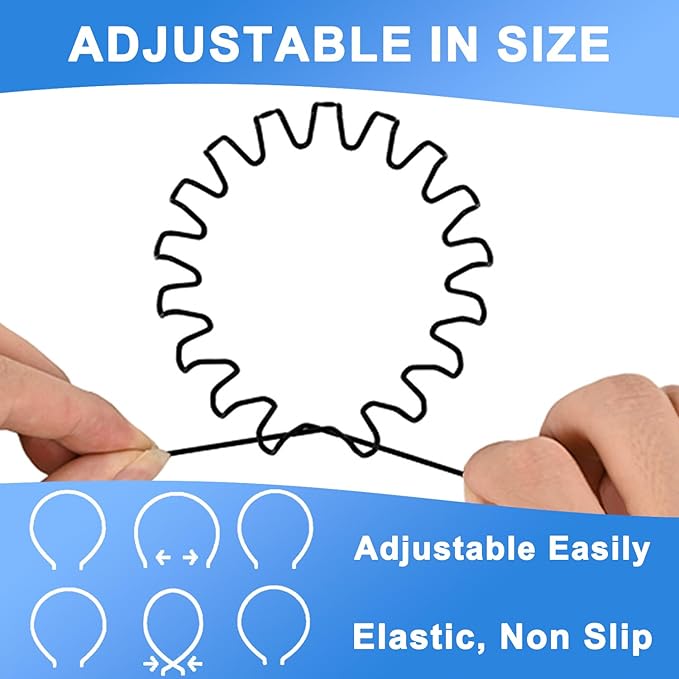 Metal Headbands for Men & Women, Adjustable Zigzag Hair Bands with Spring Circle & 0.3cm Wave Design, Non-Slip Black Sports Hairbands for Daily Wear, Running & Workout (3 Pack)