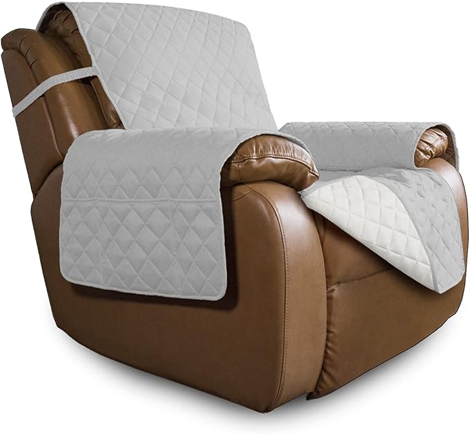 Easy-Going Oversized Recliner Cover Reversible Couch Cover Sofa Cover for Living Room Water Resistant Furniture Protector with Elastic Straps for Pets Dog (Oversized Recliner, Light Gray/Ivory)