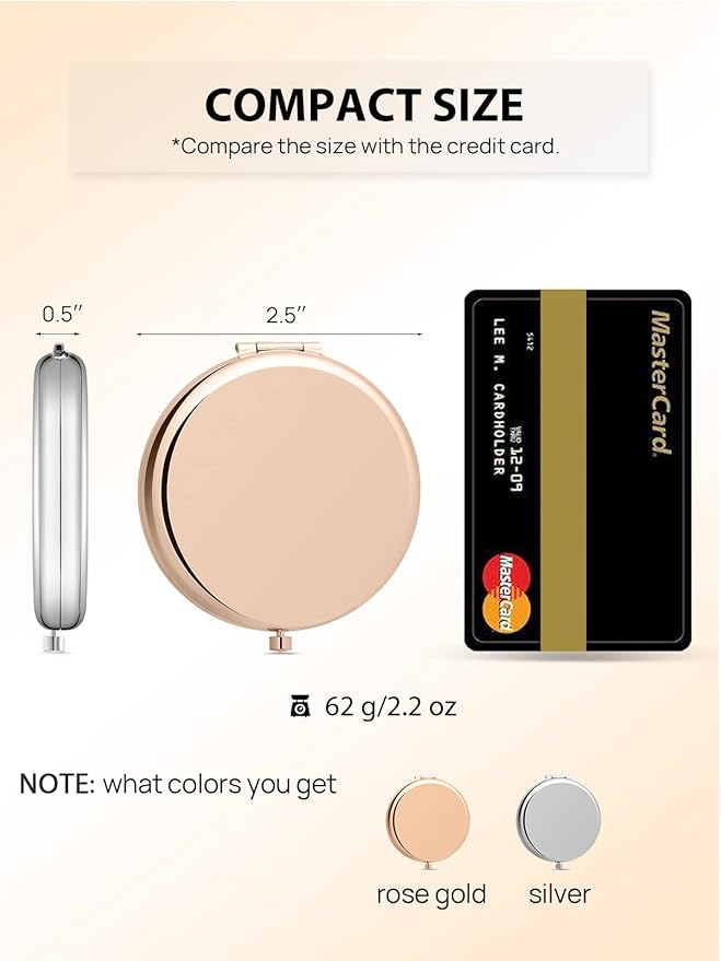 Compact Mirror Bulk, Set of 2 Double-Sided 1X/2X Magnifying Purse Pocket Makeup Mirrors(Round, Rose Gold and Silver)