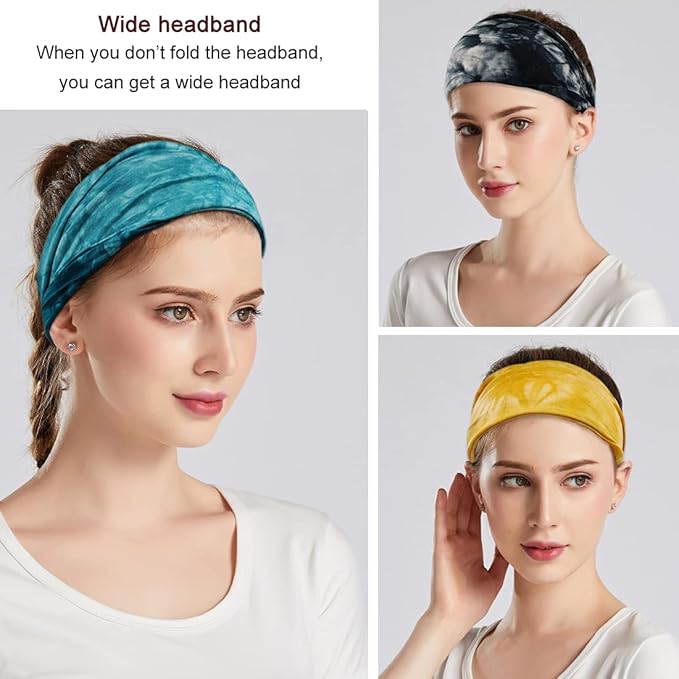 YONUF Boho Headbands For Women Fashion Wide Headband Yoga Workout Head Bands Hair Accessories Elastic Tie Dye Band 6 Pack