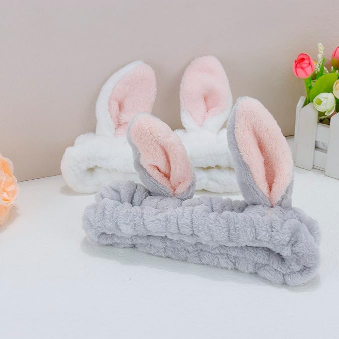 YISSION Cute Bunny Ear Spa Headband for Women and Girls - Soft Plush Makeup Headband for Face Washing, Skincare, Shower, Easter Party Favors (2 Pack, White & Gray)