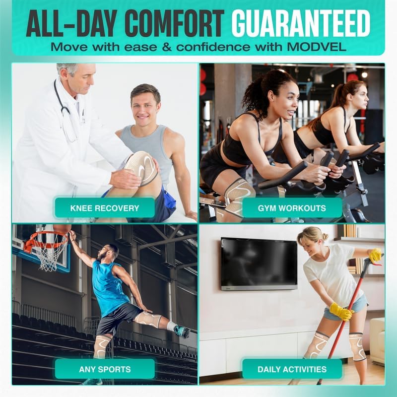 Modvel 2 Pack Knee Brace for Women & Men - Workout Knees Compression Sleeve for Knee Pain Relief Joint Support for ACL, Arthritis, Meniscus Tear Knees Brace for Sports, Rodilleras para Gym Fitness