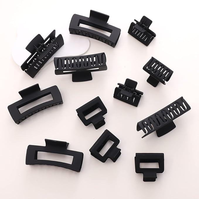 12 Pack Black Square Claw Clips, Big and Small Neutral Rectangle Hair Claw, Non-slip Matte Large Hair Clips for Women,Strong Hold jaw clip for Thick Thin Hair