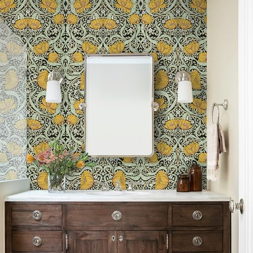 Yellow Boho Floral Wallpaper Peel and Stick Flowers Contact Paper 17.5"¡¿118" - Mid Century Style William Morris Self Adhesive Vinyl Removable Wall Paper for Kitchen Bedroom Renter Friendly Home Decor