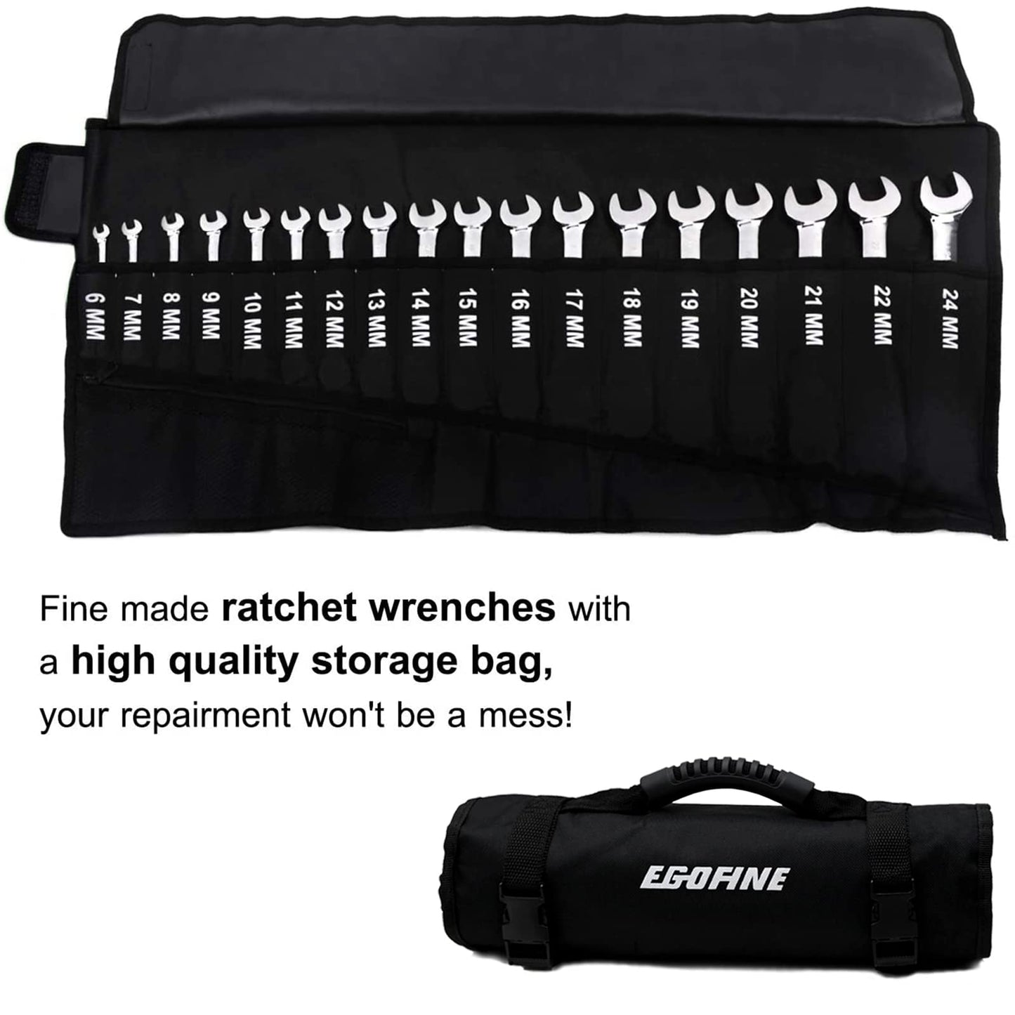 Egofine Ratcheting Wrench Set, 6 mm - 24 mm Metric Wrench Set 18pc, 72 Teeth Combination Wrenches Set, Chrome Vanadium Steel with a Roll Up Storage Bag