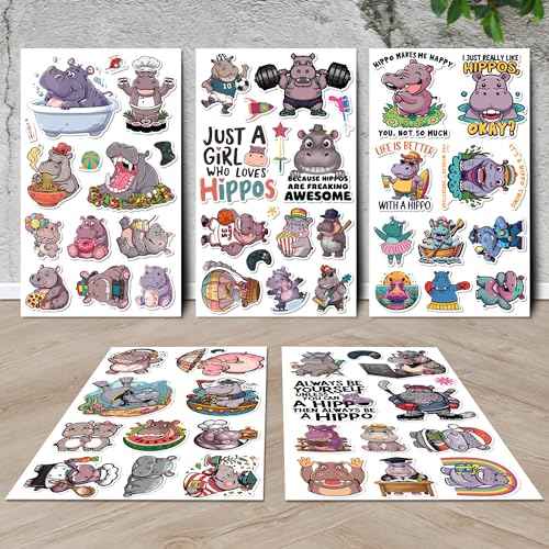 Hippo Stickers 50 Pieces Vinyl Waterproof Decal for Laptop Water Bottle Phone Car Window Bike Motorcycle Stakeboard Scrapbook Hippos Sticker Gifts for Kid Teen Adult