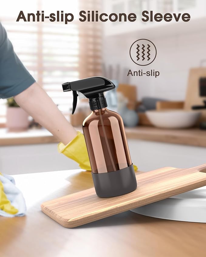 Bontip Glass Spray Bottle with Silicone Sleeve Protection, Amber Glass Spray Bottle Set for Window Cleaner Aromatherapy Facial Hydration Watering Flowers Hair Care 2 Pack/16 oz (Grey, 16 oz)