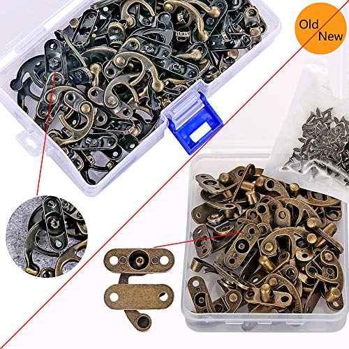 40 Pieces Jewelry Box Replacement Lock - Antique Box Latch Thickened Solid Bronze Tone Hook Clasp, Right Latch Hook Hasp Horn Lock, Wooden Cabinet Latch with 160 Replacement Screws (Bronze)